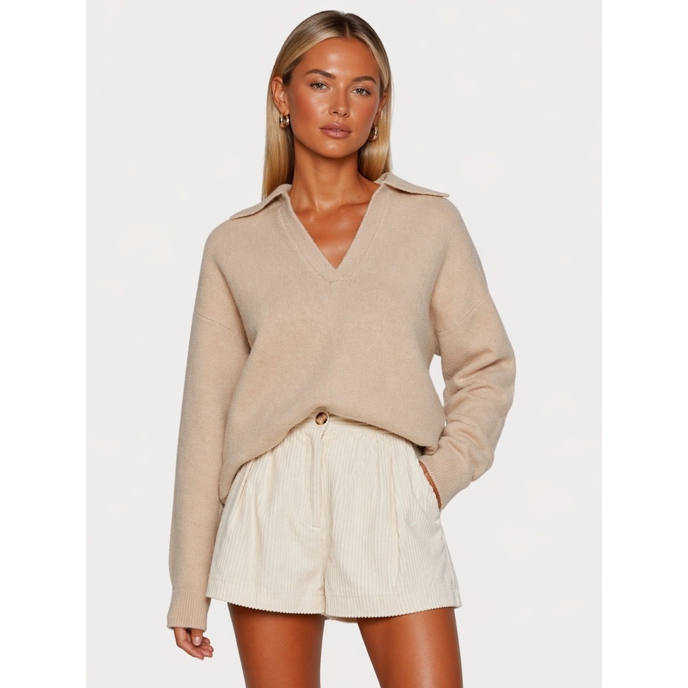 Bec & Bridge Bea Knit Long Sleeve Polo Sweater Beige Wool‎ Yak Blend Sweater 4 S